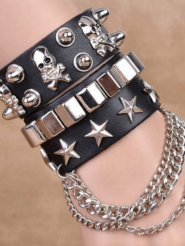 Metal Embellished Chunky Pu Leather Bracelet-1