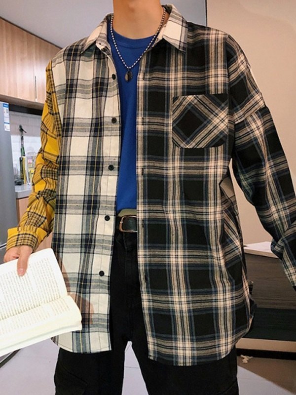 Men's Color Block Checkered Long Sleeve Shirt-1