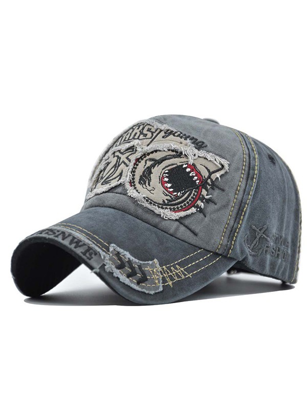 Vintage Shark Embroidered Distressed Baseball Cap-0