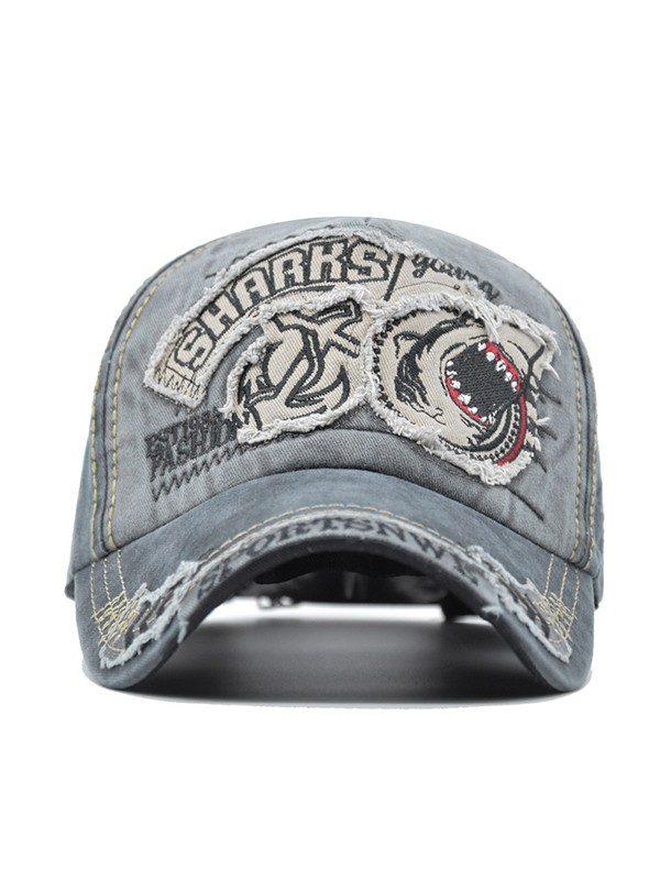Vintage Shark Embroidered Distressed Baseball Cap-2