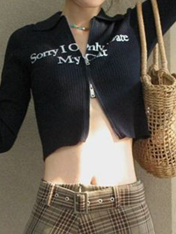 Letter Print Double Zipper Crop Cardigan-2