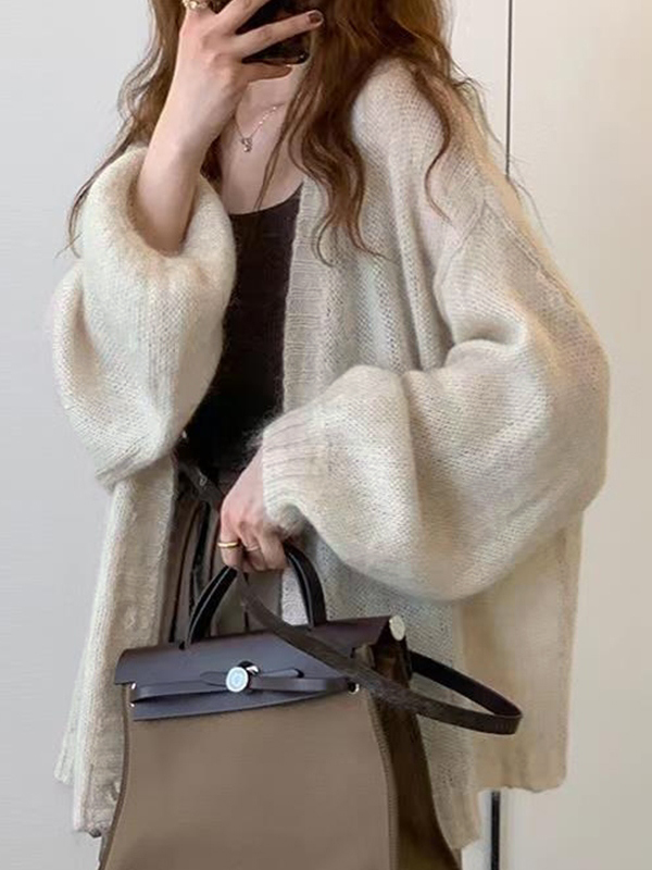 Mohair Solid Lantern Sleeve Baggy Cardigan-1