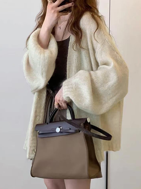 Mohair Solid Lantern Sleeve Baggy Cardigan-2