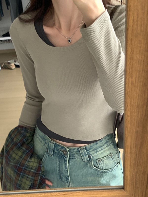 Contrast Color Fake Two Piece Long Sleeve Knit-3