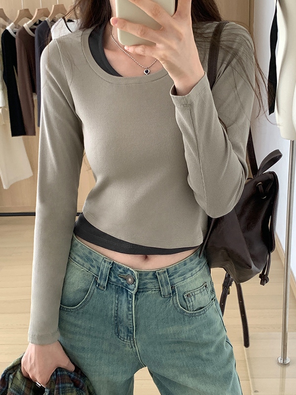 Contrast Color Fake Two Piece Long Sleeve Knit-2