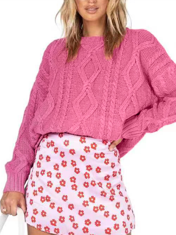 Solid Crew Neck Cable Knit Sweater-1