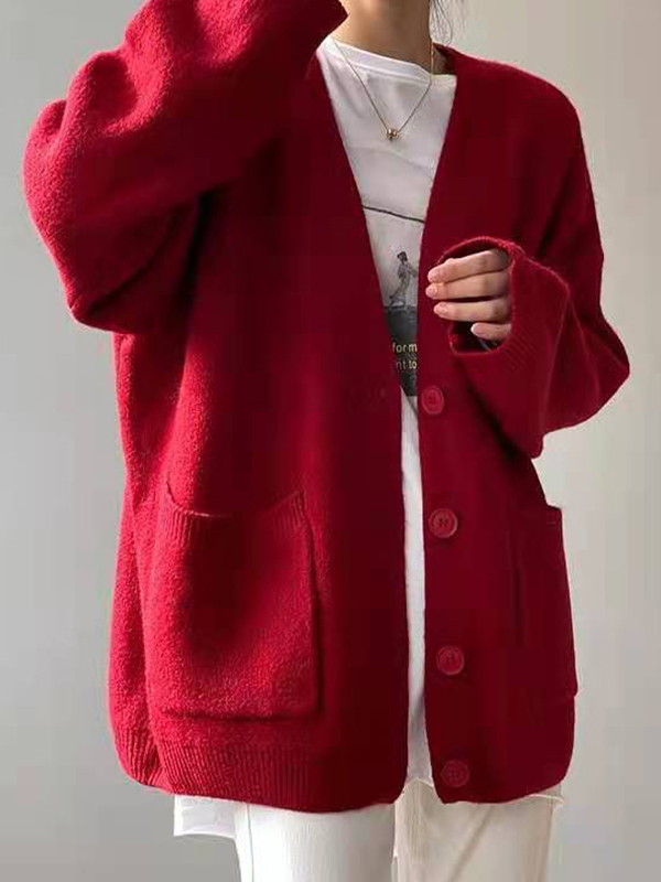 Solid V Neck Breasted Knit Cardigan-1