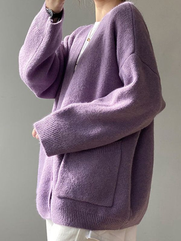 Solid V Neck Breasted Knit Cardigan-4