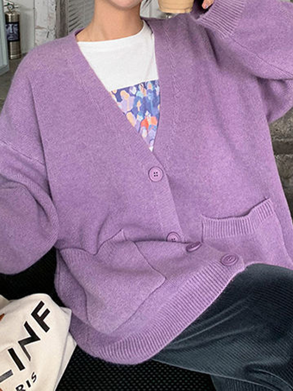 Solid V Neck Breasted Knit Cardigan-2