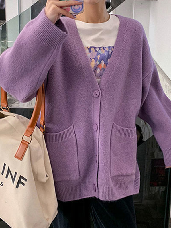 Solid V Neck Breasted Knit Cardigan-3