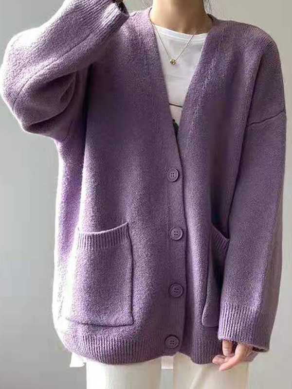 Solid V Neck Breasted Knit Cardigan-1