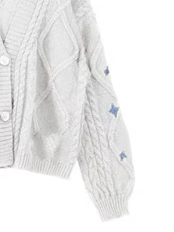 Star Embroidered Print Cable Knit V Neck Cardigan-1