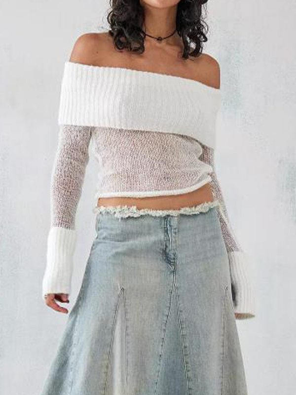 Off Shoulder Splice Thin Long Sleeve Knit-1