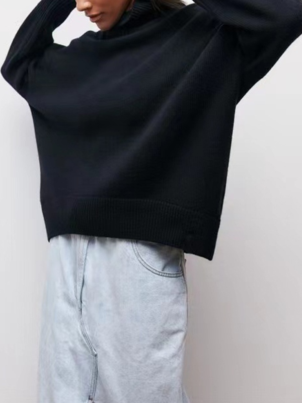 Solid High Neck Loose Sweater-1
