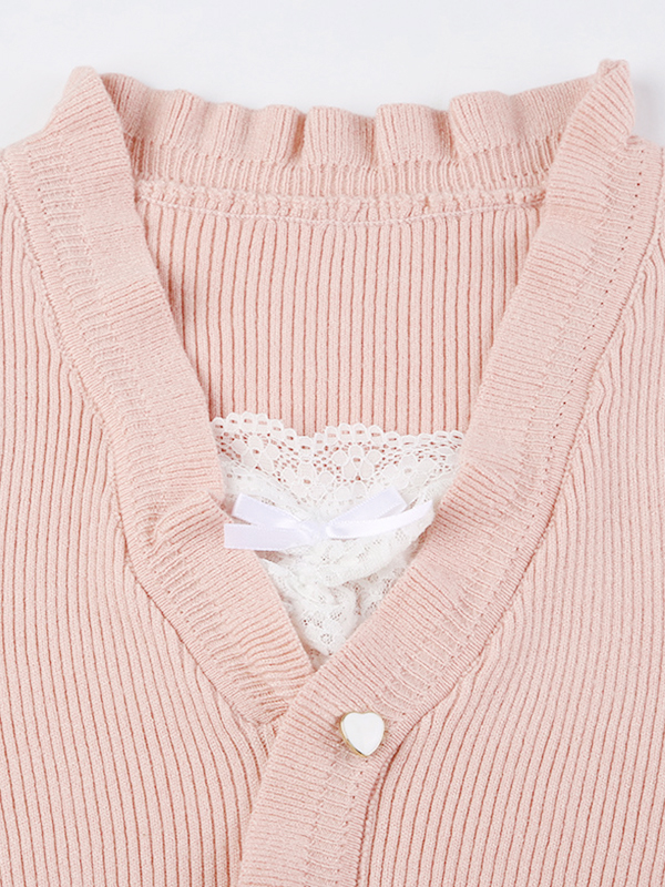Lace Splice Tie Up Fake Two Piece Long Sleeve Knit-6