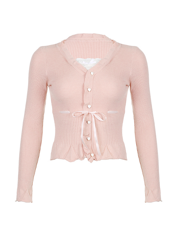 Lace Splice Tie Up Fake Two Piece Long Sleeve Knit-3