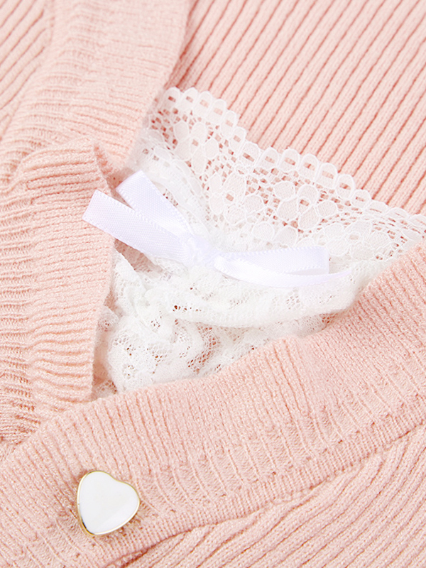 Lace Splice Tie Up Fake Two Piece Long Sleeve Knit-4