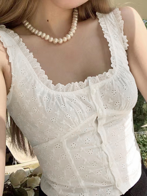 French Cutout Trim U Neck Tank Top-1
