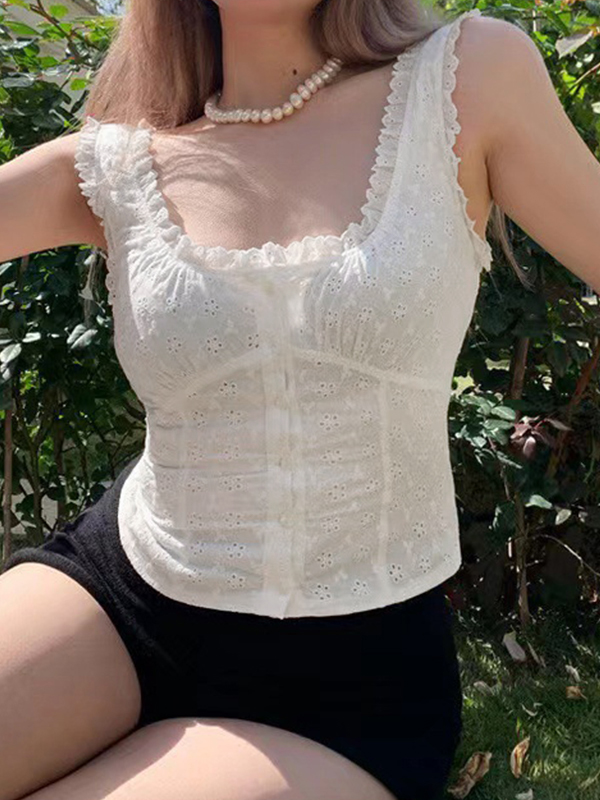 French Cutout Trim U Neck Tank Top-5