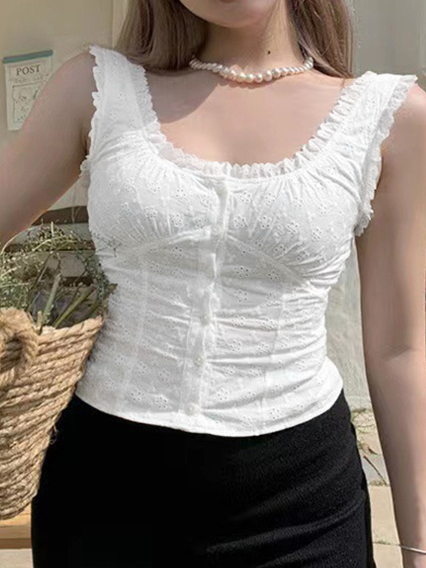 French Cutout Trim U Neck Tank Top-3